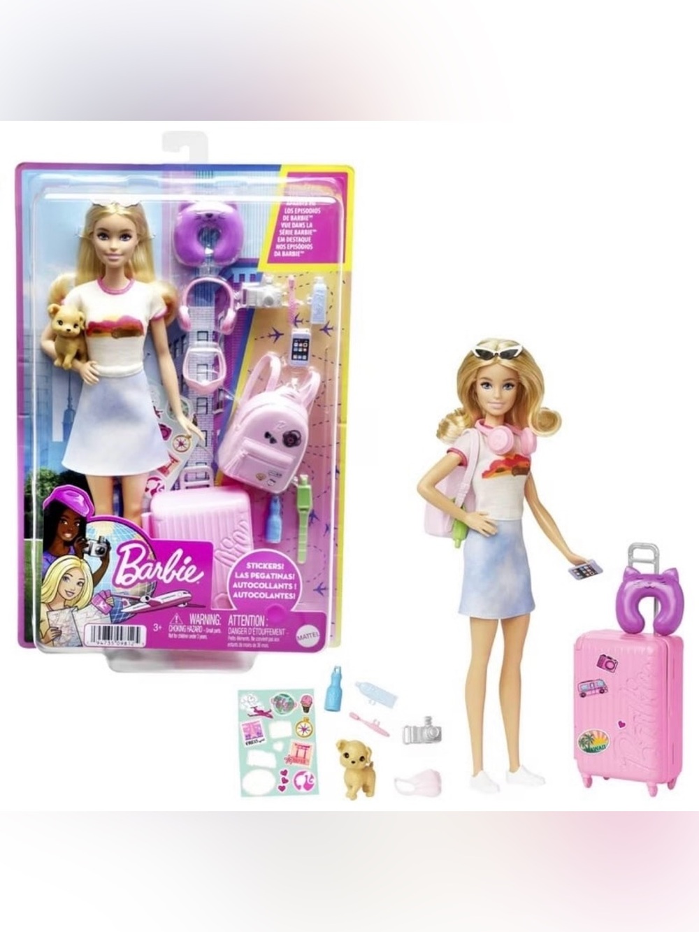 🆕 Barbie Doll & Accessories Malibu Travel Set With Puppy & Working Suitcase